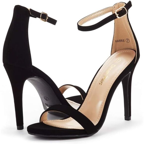 Women's Black-Nubuck Flower Ankle Strap Stiletto Round Open Toe Stylish Heel - Picture 6 of 6